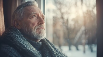 Thoughtful senior man gazing through window on winter day indoors