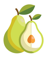 Vector art of two green pears, one whole and one halved, isolated on a