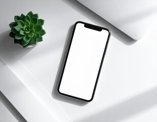 Angled View of Smartphone Mockup Next to Green Plant