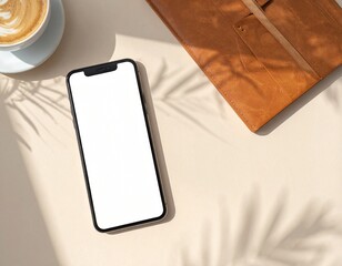 Overhead of Desk with Phone, Coffee, and Planner Mockup