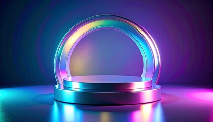 Metallic podium in a colorful, vibrant, neon-lit environment