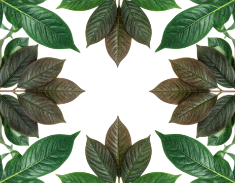 Symmetrical Kaleidoscopic Pattern of Fresh Green and Brown Leaves.