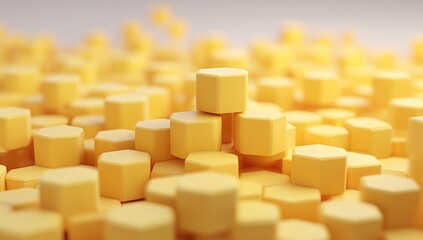 Macro shot of numerous, softly-lit, yellow hexagonal blocks densely clustered together