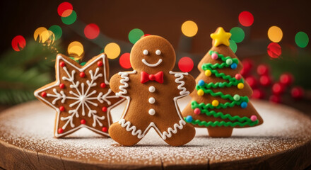 Delicious Christmas gingerbread cookies with festive decorations
