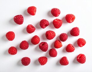 Scattered Pile of Fresh Red Raspberries on White Background