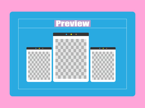 Three digital tablet illustrations with transparent screens, displayed on a blue background, labeled "Preview".