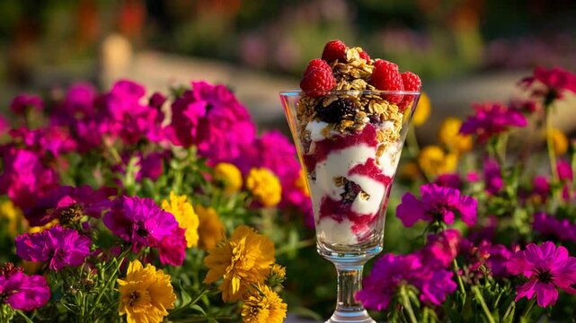Delicious Berry Yogurt Parfait with Granola Served Amidst Vibrant Blooming Flowers.