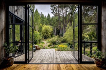 Rustic cabin with expansive garden views through large, black framed doors.