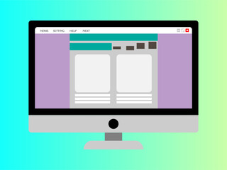 Computer monitor displaying a website template with placeholder content on a light purple background.