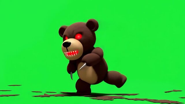 Menacing cartoon bear with red eyes and fangs, running on green screen, scary teddy bear character