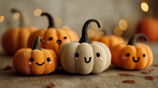 Cute Halloween Pumpkins with Happy Faces in Simple Setting  