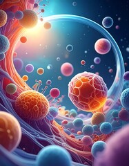 Microscopic view of cellular structures with vibrant colors