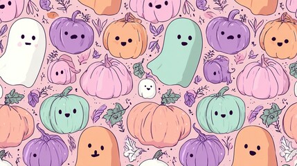 Cute Pastel Halloween Ghosts and Pumpkins with Smiley Faces 