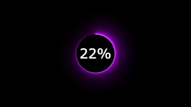 Abstract glowing neon circle loading bar animation on black background .  Neon circle in charging percent icon. futuristic technology concept on animation video.. 22%  charge available right now .4K 