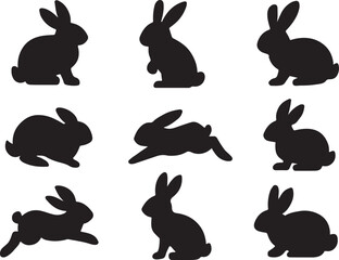 Rabbit Silhouette Icon Set in Various Poses Vector Illustration.