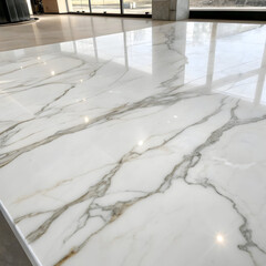 Pristine white polished marble flooring texture featuring dramatic grey and gold veining in a modern luxury interior.