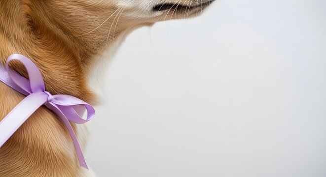 Pet Cancer Awareness Month : A close-up shot of a corgi adorned with a delicate lavender ribbon, against an ethereal, clean background, portraying a touch of playful elegance with copy space
