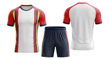 White soccer jersey with red sleeves and bold vertical navy, red, and yellow stripes. Modern design with navy shorts, perfect for football or futsal kits.