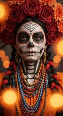 Closeup portrait of a woman with traditional dia de los muertos sugar skull face paint, adorned with red roses and colorful beaded necklaces