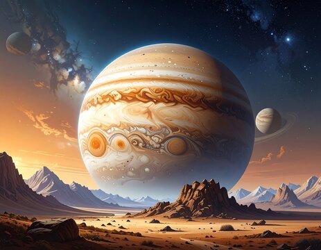 Dramatic depiction of planet jupiter in a beautiful and otherworldly landscape