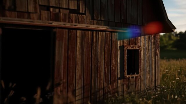 Weathered wood barn with open doorway set amidst a field of grass  wildflowers a small window is visible on the right side of the structure