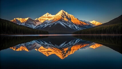 Snowy mountain peak reflection in calm lake at sunrise
