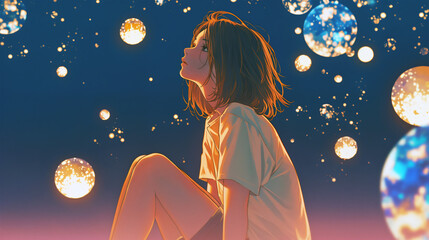 惑星のような光を見上げる女性