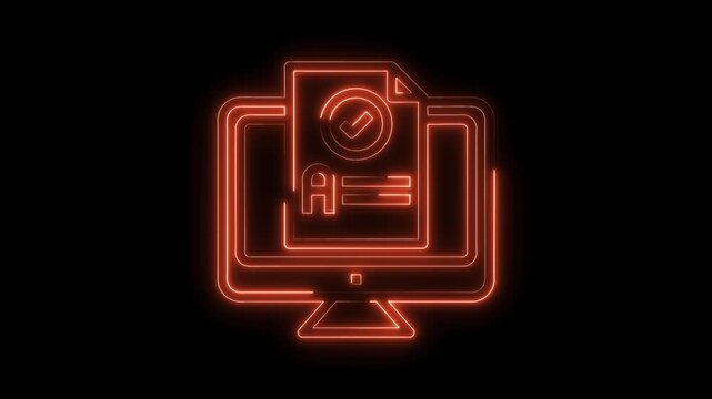 Glowing neon computer screen displaying document with check mark validation icon