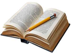 Obraz premium Open book with yellow pencil resting on pages, vintage paper, study notes, and academic atmosphere, ideal for education, learning, and literature concepts