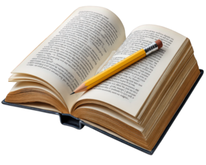 Open book with yellow pencil resting on pages, vintage paper, study notes, and academic atmosphere, ideal for education, learning, and literature concepts