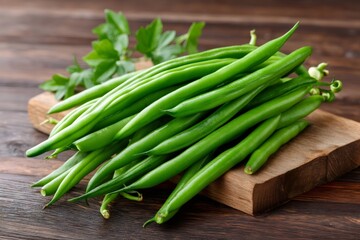 Fototapeta premium Fresh green beans on cutting board with parsley