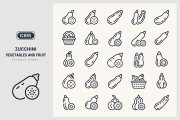 Set of Zucchini Vegetable and Fruit Icons for Food Design White Background.