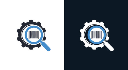 Barcode search magnifying glass gear icon for product identification and data retrieval - Line and glyph solid icon and logo templete