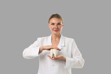 Dentist highlights tooth model and dental hygiene tips