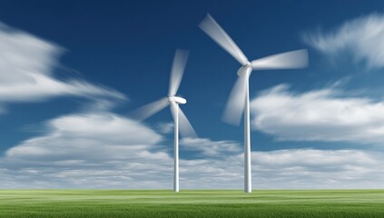 Two wind turbines stand tall against a vivid blue sky dotted with fluffy white clouds, their blades spinning in the wind over a grassy plain.