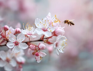 Obraz premium Bee flies towards blossoming cherry branch with delicate white flowers