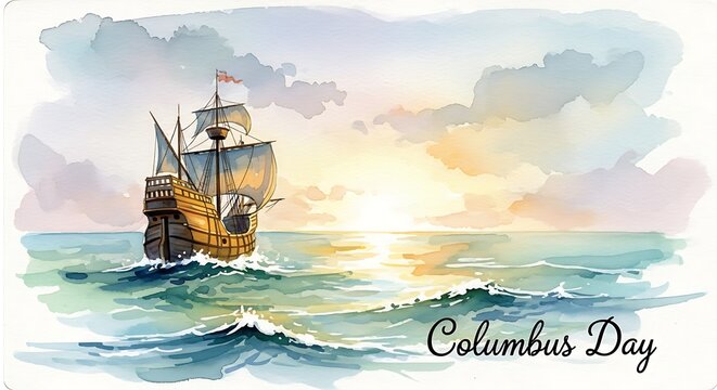 Celebrate Columbus Day with a stunning watercolor painting of a ship sailing on the ocean at sunset, perfect for educational materials and historical promotions - Powered by Adobe