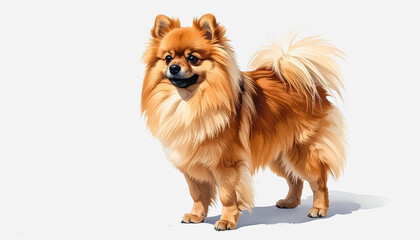 Fluffy pomeranian dog standing cutely isolated on a white background with ample copy space for various uses