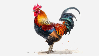 Fototapeta premium Striking rooster standing proudly isolated on white background ideal for agricultural and animal themes
