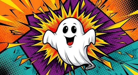 Spooky season fun awaits with this playful ghost illustration in a vibrant comic book style, perfect for Halloween cards, party invites, and festive decorations