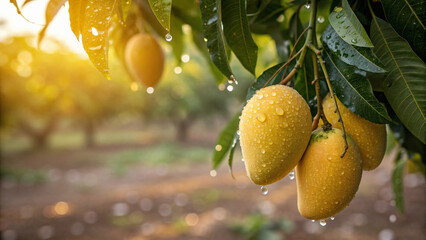 Mango on tree with water drop in garden, Yellow Mangoes on tree in natural sunlight background