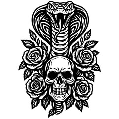 Tribal Skull and Cobra with Floral Ornaments Vector Illustration