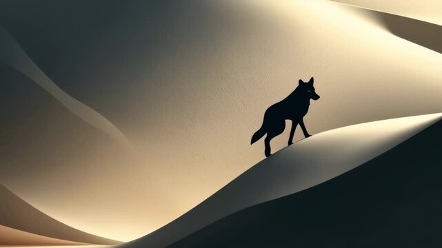 Artistic digital illustration of a lone wolf silhouette walking across soft, undulating sand dunes, with warm lighting creating a serene atmosphere.
