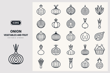 Collection of Various Onion Icons Vegetable and Fruit Illustrations Fresh Produce Design Elements White Background.