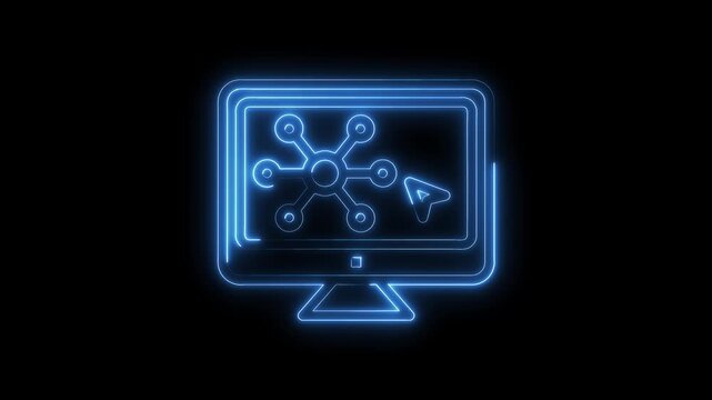 Neon style network on computer display with glowing outline and mouse pointer