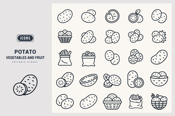 Collection of Delicious Root Vegetable Icons Representing Potatoes and Fruits White Background.