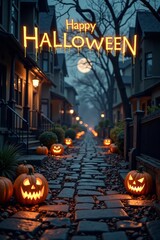 halloween night scene with pumpkins