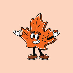 A cheerful cartoon maple leaf with a retro animation style, featuring big eyes, a wide smile, and arms extended in a welcoming gesture. Maple leaf retro vintage mascot.