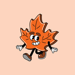 A charming retro cartoon illustration of an orange maple leaf character, complete with a smiling face, expressive eyes, arms, and legs, walking cheerfully. Maple leaf retro vintage mascot.