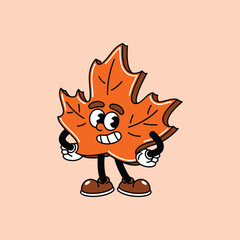 A vibrant orange maple leaf character, rendered in a classic cartoon style, features a cheerful face with wide eyes and a toothy grin, exuding a playful and friendly demeanor.